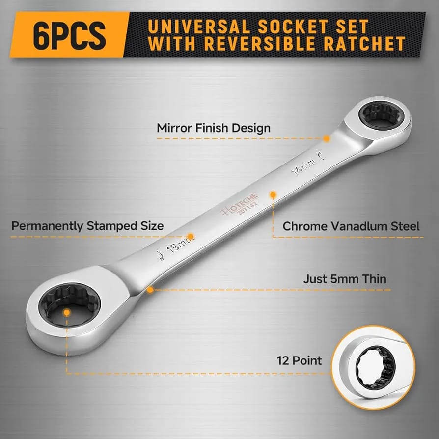 Pride Lion PL700 Ratchet Wrench Set with Interchangeable Sockets (8mm-10mm-12mm-13mm-14mm-17mm-19mm) | Durable Chrome-Vanadium Steel Tool for Automotive and DIY Use. universal use wrench set.
