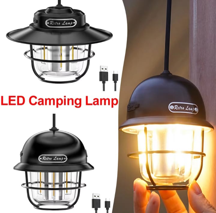 Retro LED Camping Lamp – Rechargeable 360° Light with Type-C Charging & Dual Light Modes